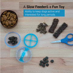 SVD.PET dog treat ball blue side view highlights slow-feeding capability.