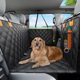 SW PRODUCTS backseat cover with hard-bottom pet bed provides stable lounging space for travel.