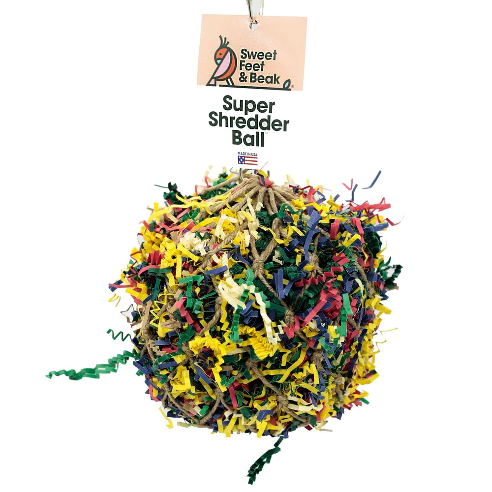 Sweet Feet and Beak 3-inch shredder ball toy with colorful paper foraging enrichment