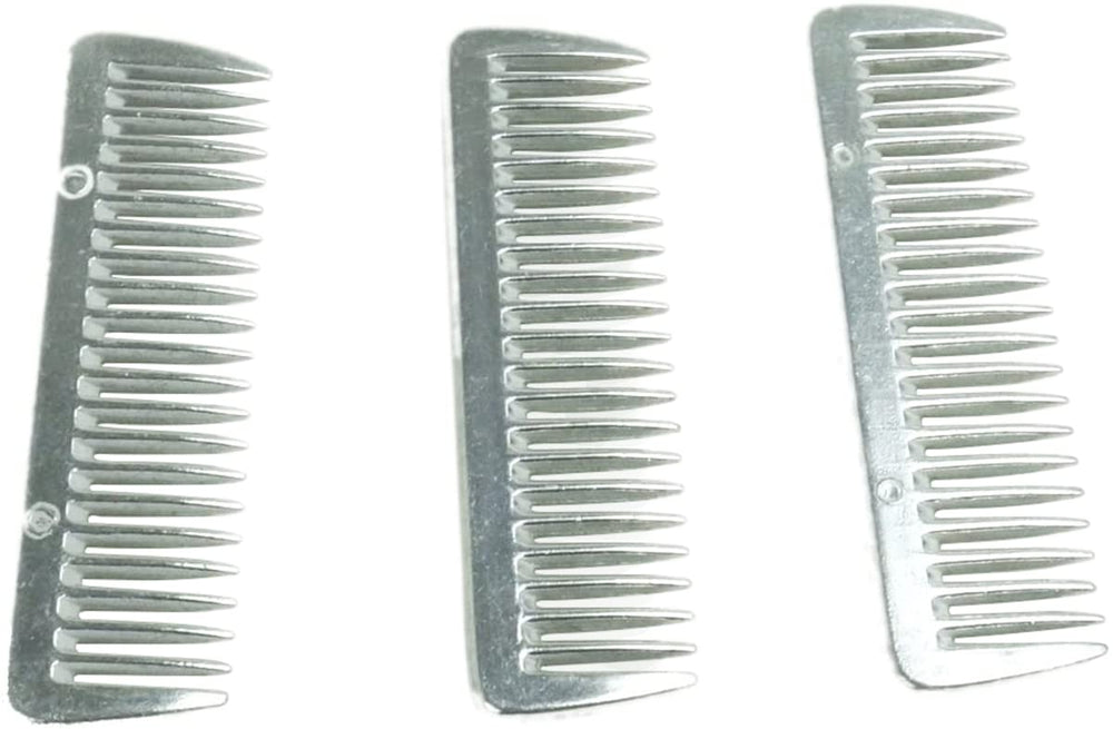 SXYH pulling combs set shown in-hand, durable stainless steel for knot removal on a horse mane.