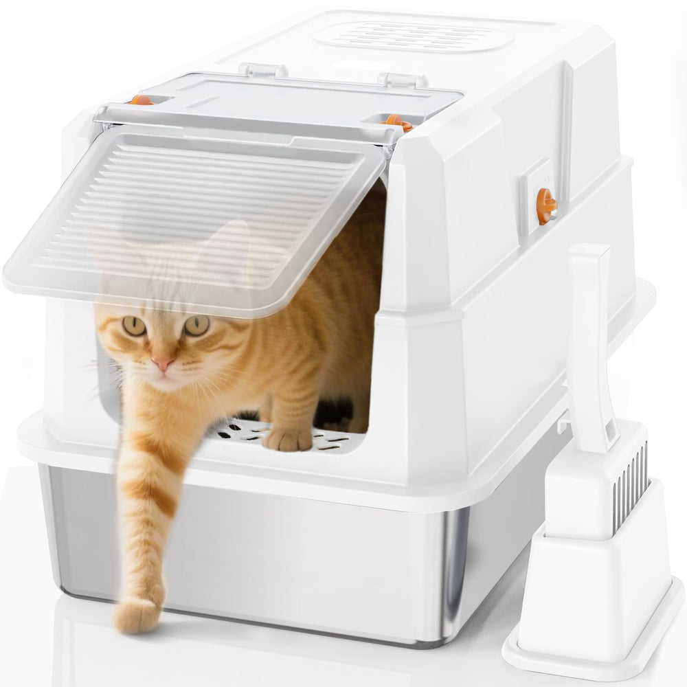 SZEE stainless steel litter box front-door-open for easy scooping and quick cleanup.