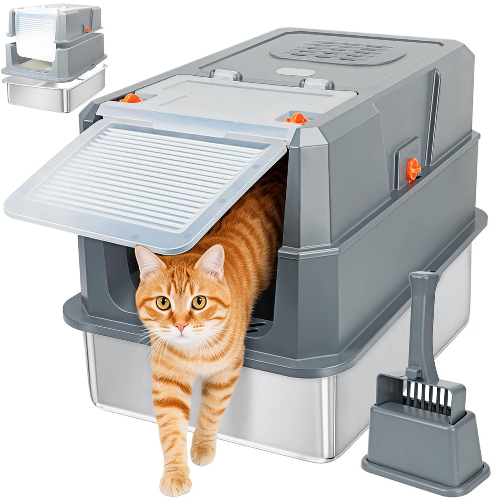 SZEE stainless steel litter box front view shows sturdy build and easy scooping.