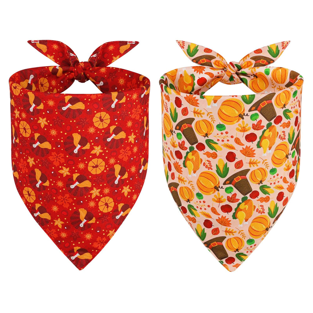 Szee Thanksgiving bandana red with pumpkins enhances festive dog look for photos.