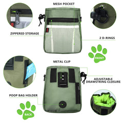 SZO dog treat pouch back poop bag holder supports quick cleanup.