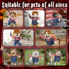 T2Y chucky dog costume closeup showing durable stitching and playful design.