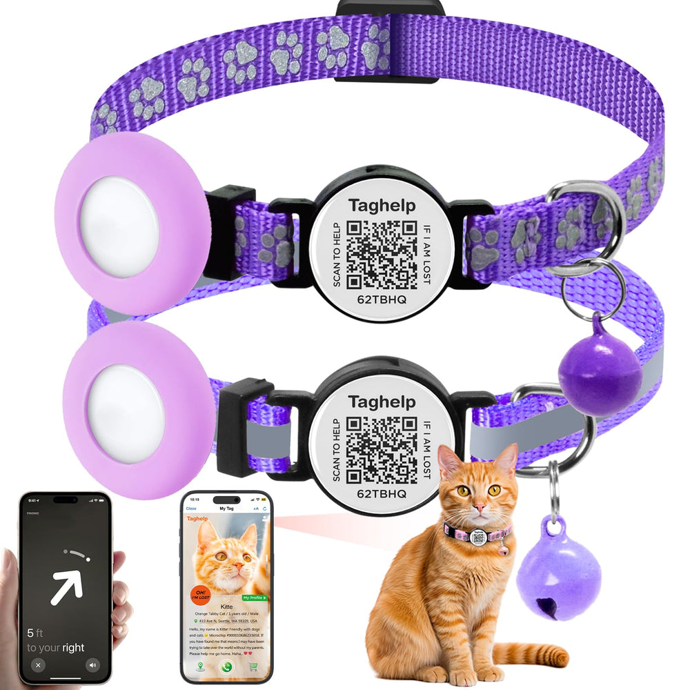 Taghelp Airtag Cat Collar purple model demonstrates secure fit for active cats.