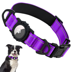 Taglory reflective AirTag dog collar front view in purple for medium dogs with high visibility.