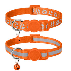 Taglory Reflective Cat Collar with Bell in orange paw print design, for safe night visibility.