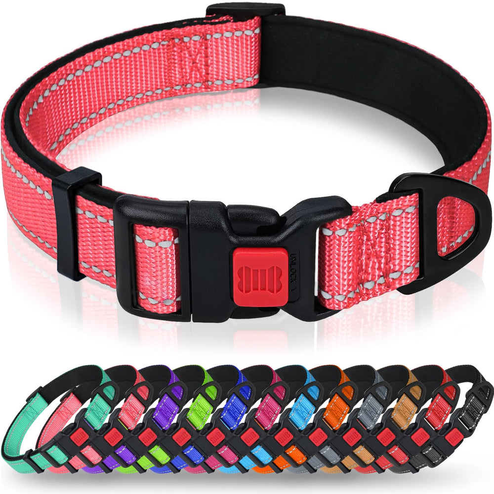 Taglory Reflective Dog Collar closeup highlighting baby pink color and nighttime visibility