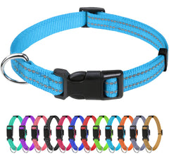 TagME Sky Blue reflective dog collar provides high visibility for safer night walks.