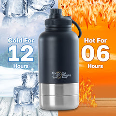 Tail Wagging Love 32oz bottle with detachable bowls enables convenient on-the-go hydration and snacking.