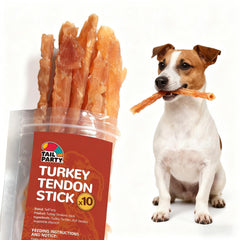 TailParty Turkey Tendons pack front shows a long-lasting chew for training rewards