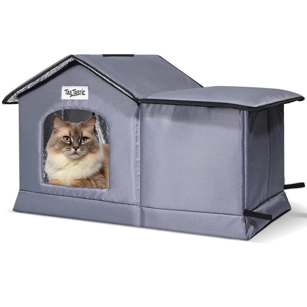 TailTastic Weatherproof Cat House roof keeps rain out with sealed seams for dry shelter.