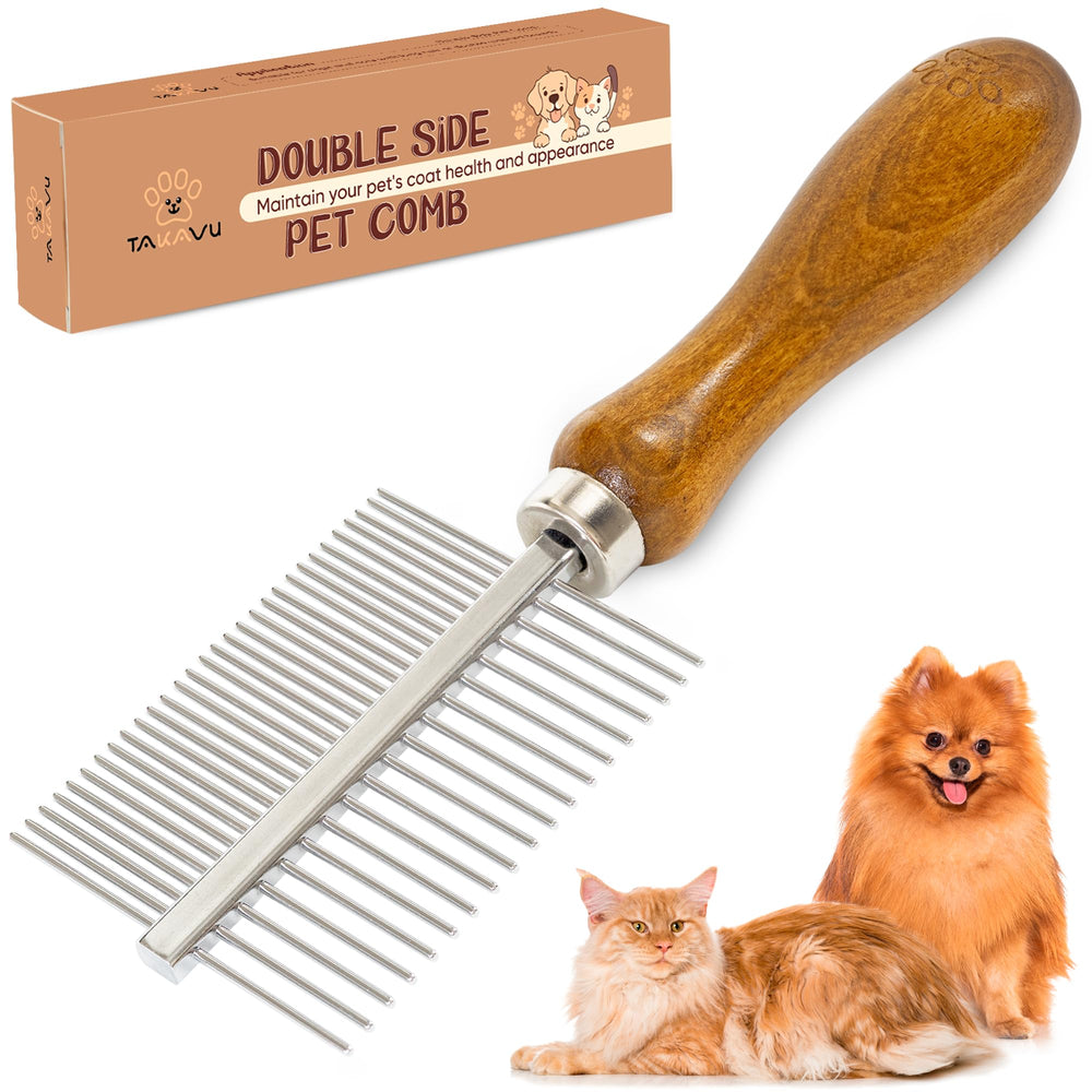 Takavu double-sided pet comb closeup with ergonomic wooden handle for gentle detangling