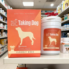 Taking Dog brain-function bottle on kitchen counter highlights home supplement routine.