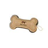 Tall Tails leather bone fetch toy 6-inch in hand for quick fetch.