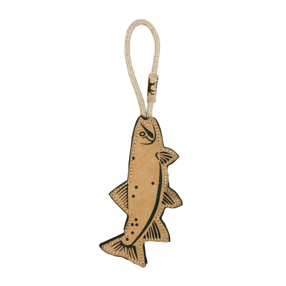 Tall Tails Trout Tug Toy image shows buffalo-hide tug for interactive play.