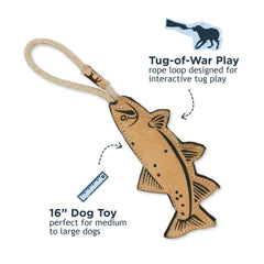 Tall Tails Trout Tug Toy close-up highlights reinforced wool-felt layers for durability.