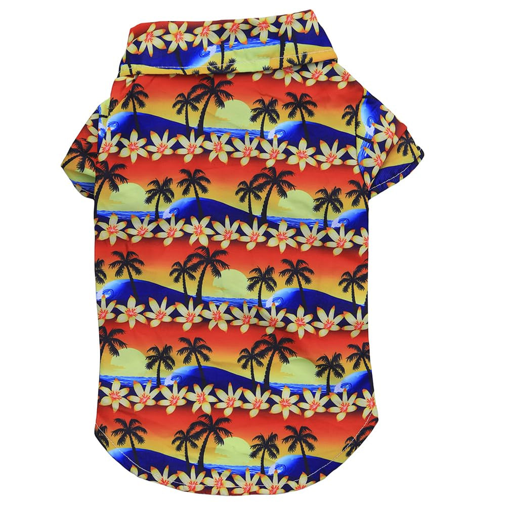 Tangpan Hawaiian beach coconut tree print dog shirt front view emphasizes tropical style for summer outings.