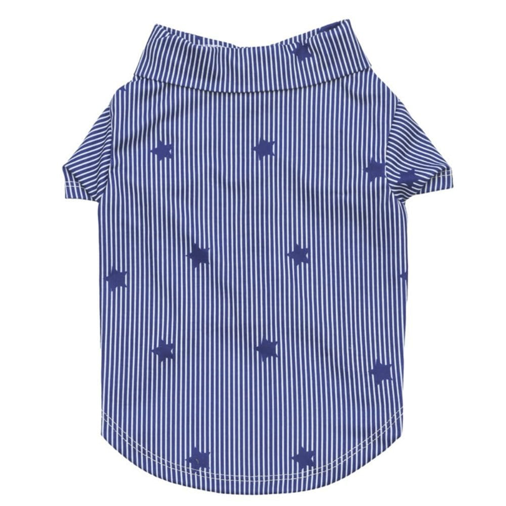 Tangpan Stipes tropical dog shirt front view, ideal for warm-weather beach outings.