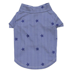 Tangpan Stipes tropical dog shirt front view, ideal for warm-weather beach outings.