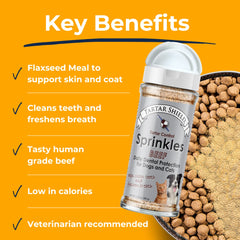 Tartar Shield Dental Sprinkles bowl-closeup highlights beef flavor appealing to seniors at mealtime.