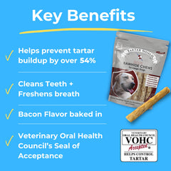 Tartar Shield Soft Rawhide Chews bacon-flavor-label emphasizes savory flavor with natural ingredients for tasty daily dental care.