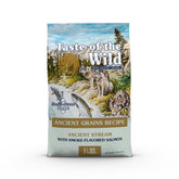 Taste of the Wild Ancient Stream bag front featuring smoke-flavored salmon for lean muscles.