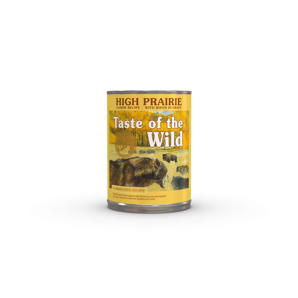 Taste of the Wild High Prairie bison-in-gravy canned dog food packaging; dependable daily nutrition.