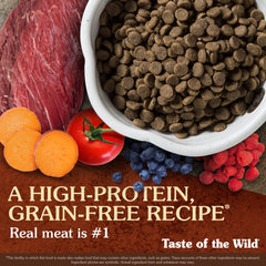 Taste of the Wild High Prairie ingredients image featuring sweet potatoes and peas