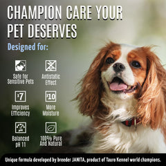 Tauro Pro Line tear-stain-removal spray application showing targeted eye area care.