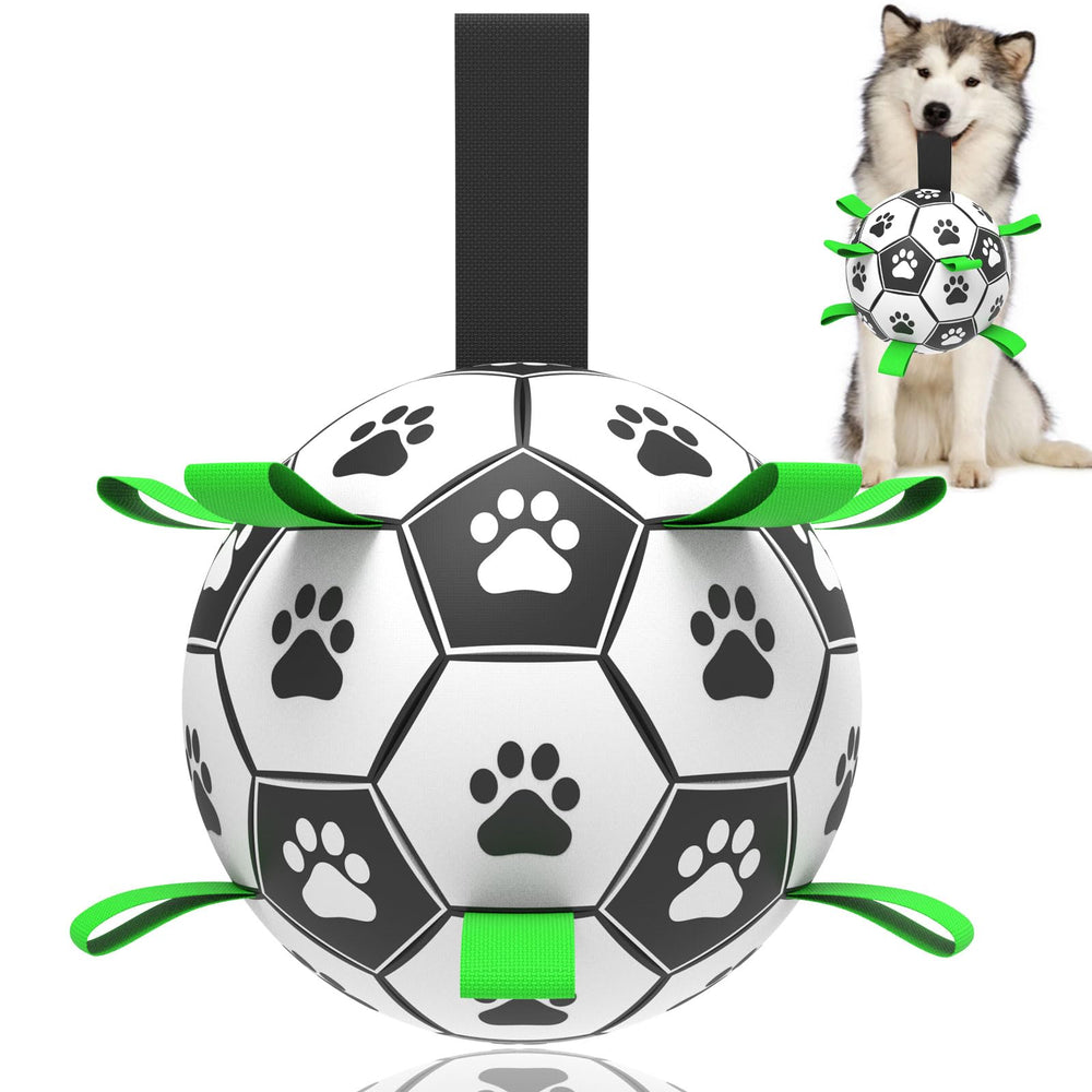 TBC PET soccer ball with straps closeup shows durable fetch-ready design.