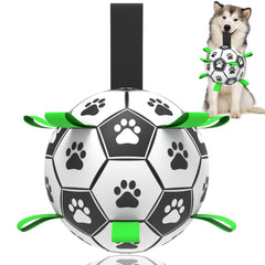 TBC PET soccer ball with straps closeup shows durable fetch-ready design.