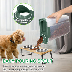 TBMax bottle green container features wide pour spout for easy dispensing of kibble.