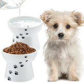 Teenyyou two-pack elevated ceramic dog bowls, front view showing compact size for small dogs