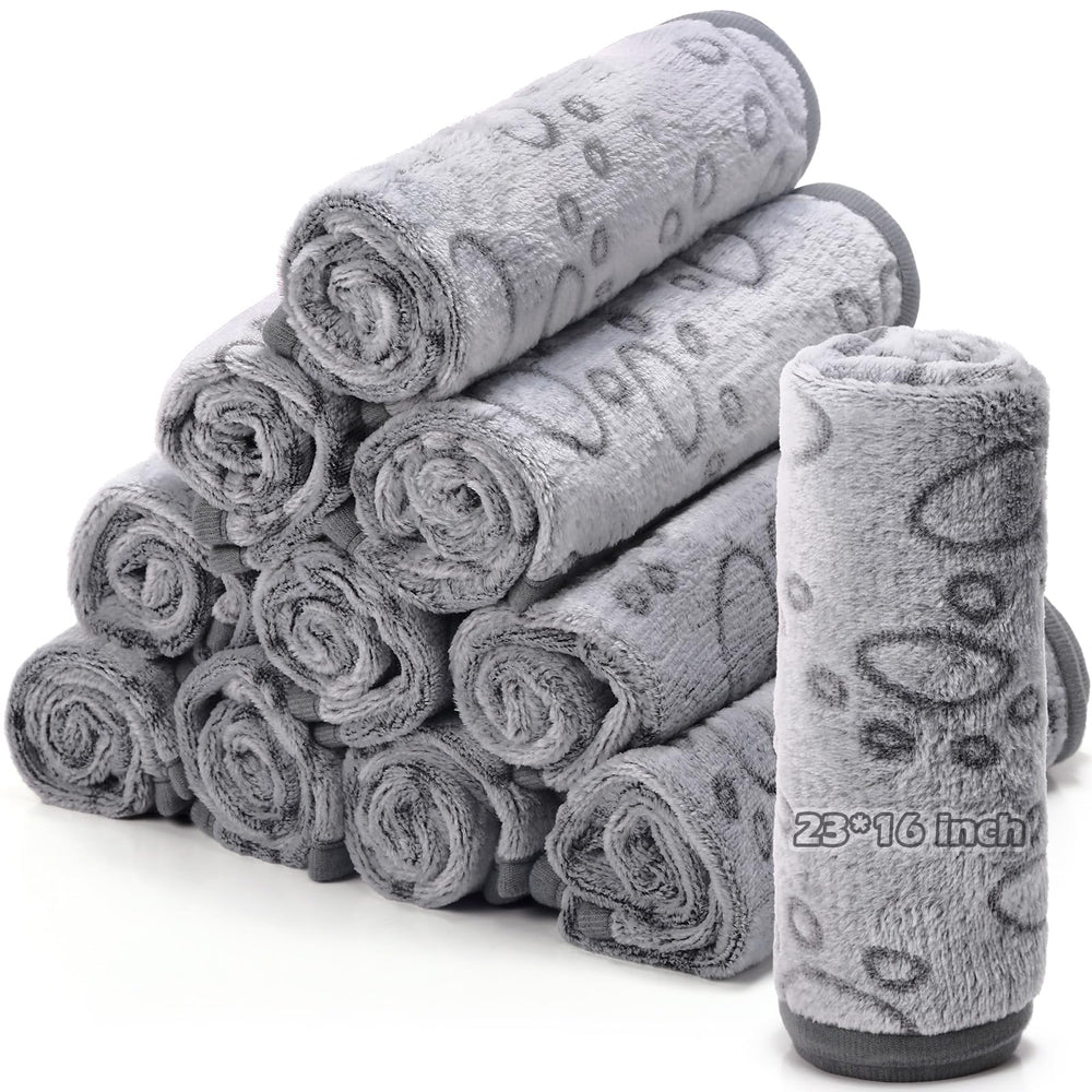 Tegeme 12-pcs pet blankets paw print gray folded for convenient daily use.