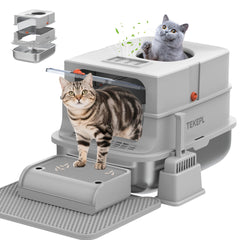 TEKEPL stainless steel litter box top-entry view reduces litter scatter for cleaner floors.