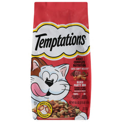 Temptations Block Party BBQ dry cat food packaging highlights flavorful nutrition for adult cats.