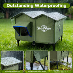 TENDWARE cat house elevated base provides dry shelter and helps prevent ground dampness.