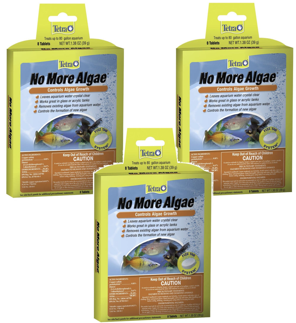Tetra No More Algae Tablets packaging with three 8-tablet packs for algae control.