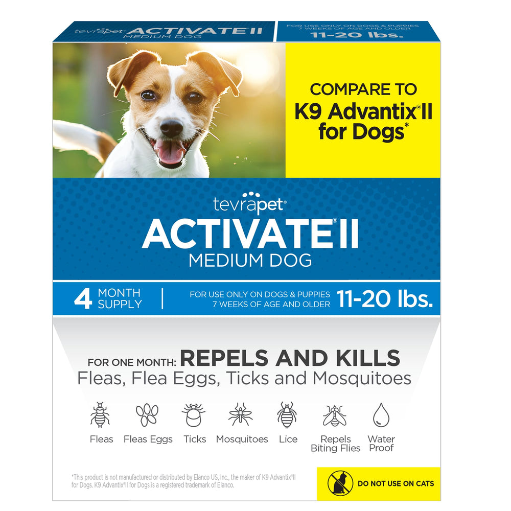 TevraPet Activate II bottle shows monthly flea and tick protection for dogs.