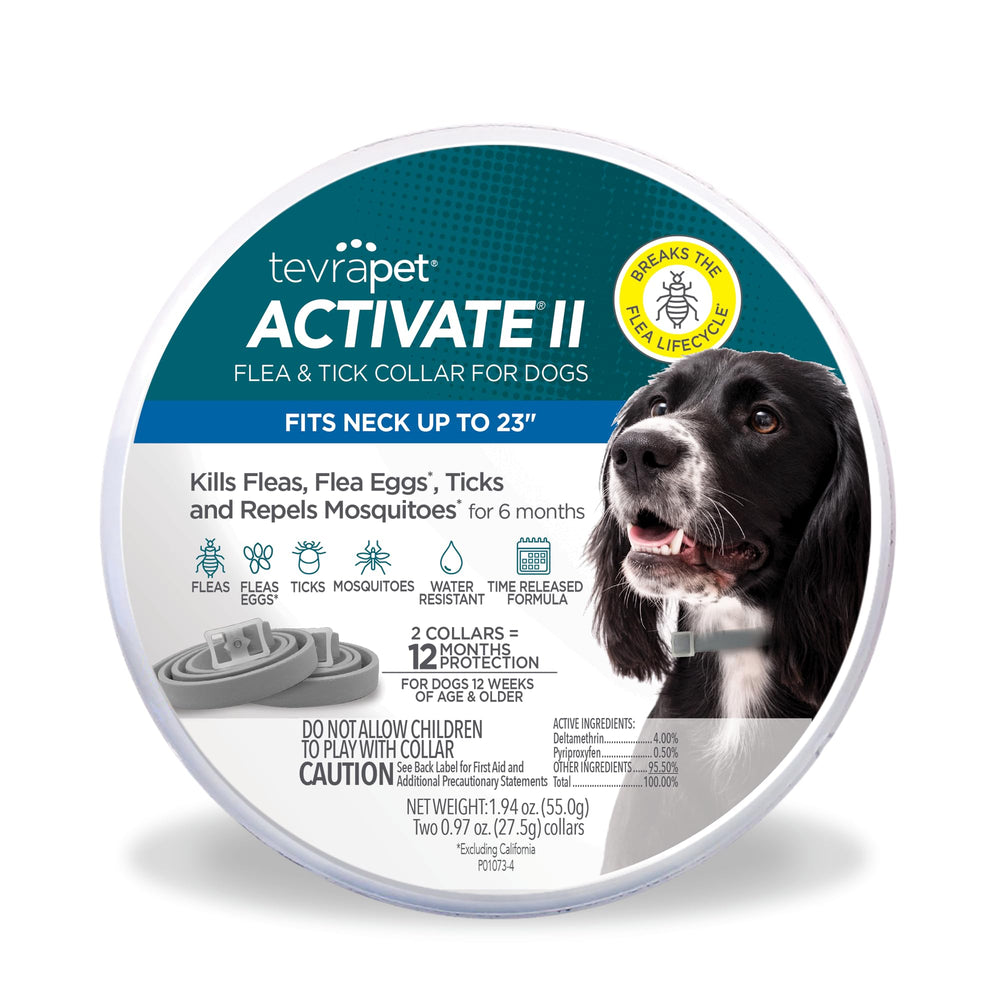 TevraPet Activate II collar packaging shows 12-month flea and tick protection for dogs.
