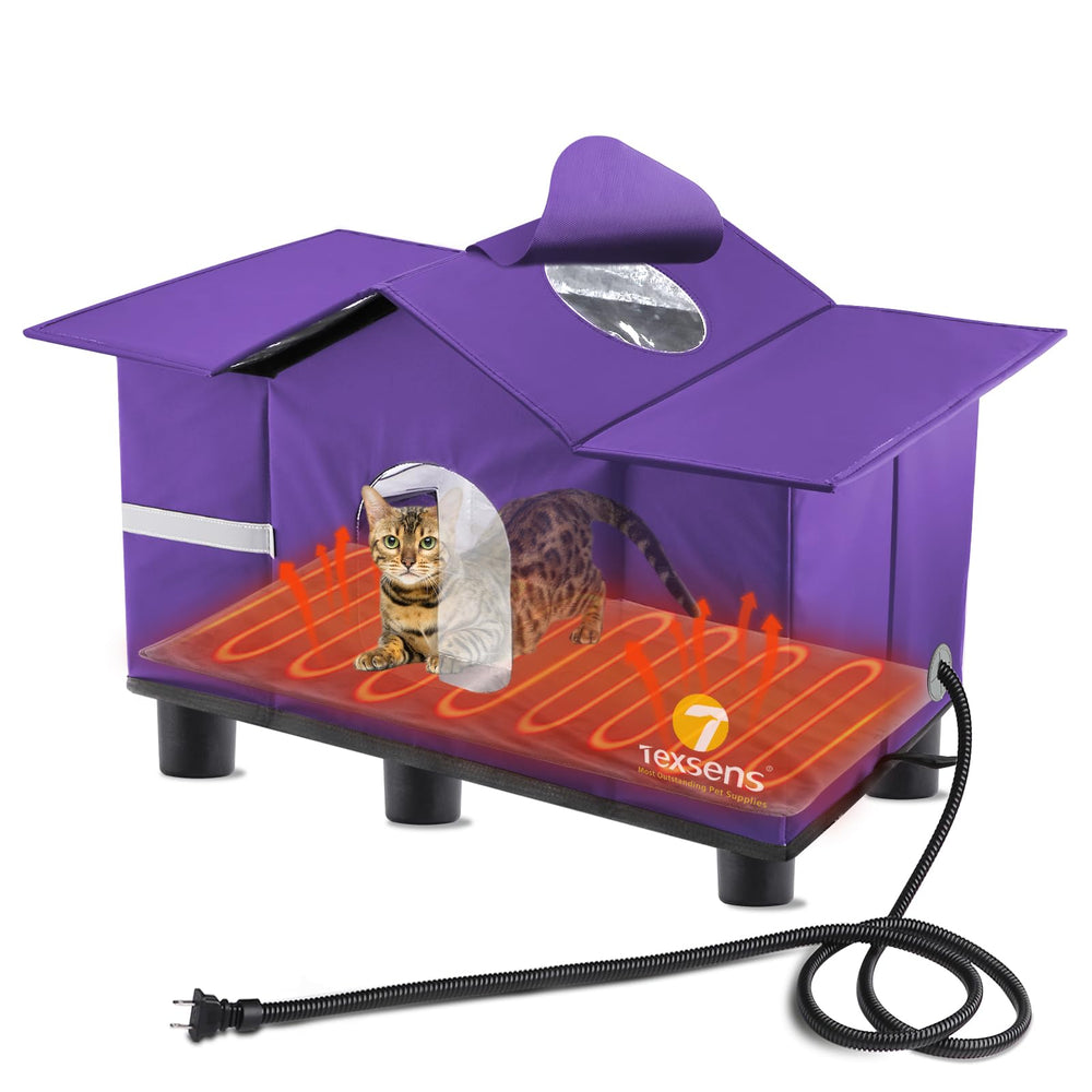 Texsens heated cat house outdoor side view with weatherproof insulation and elevated base.