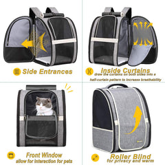 Texsens Pet Carrier Backpack window blind highlights ventilation and comfort on walks.