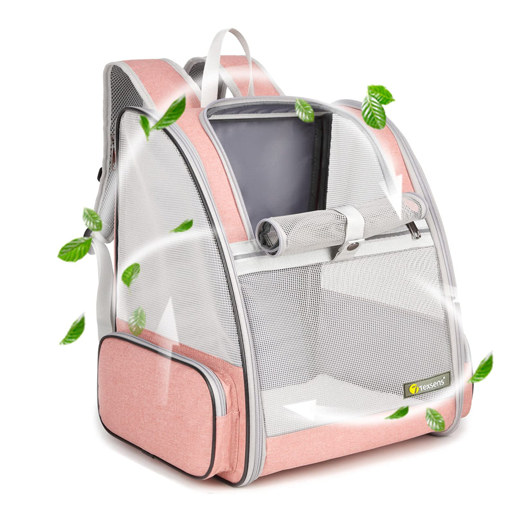 Texsens Traveler Bubble Backpack front view shows clear visibility and airflow for pets.