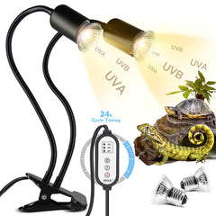 TFNN reptile heat lamp double-head setup shows versatile basking spots
