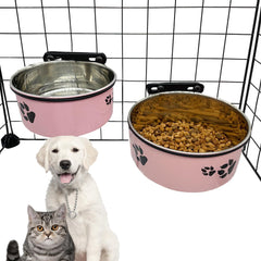Tfwadmx dog crate bowl pink front view—two bowls for easy feeding and water access.