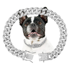 THAMIAO dog chain collar silver 13mm wide crystal detail for fashionable pets