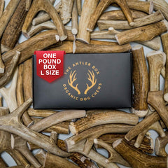 The Antler Box premium deer antler chews packaging highlights natural, long-lasting canine enrichment