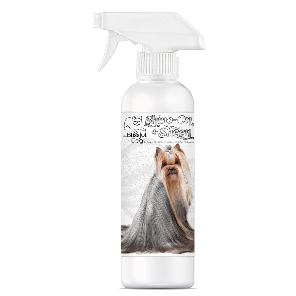 The Blissful Dog Shine-On bottle pour aids quick detangling and even application.